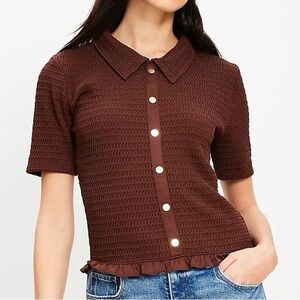 NWT Loft Smocked Ruffle Hem Shirt Size L Brown Dark Academia Twee